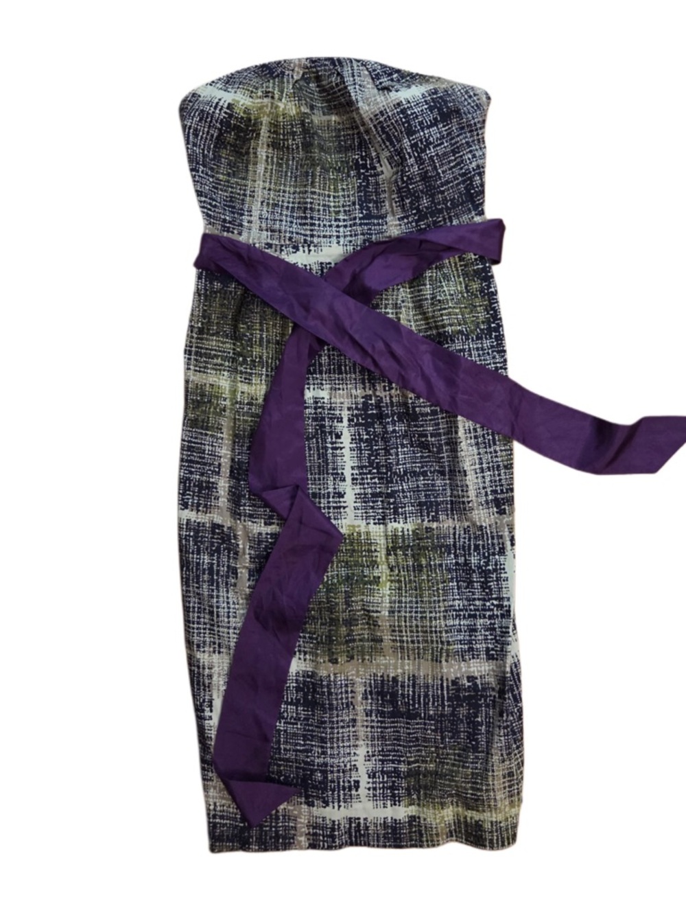 Anthropologie Edme & Esyllte Strapless Plaid Midi Dress with Purple Sash